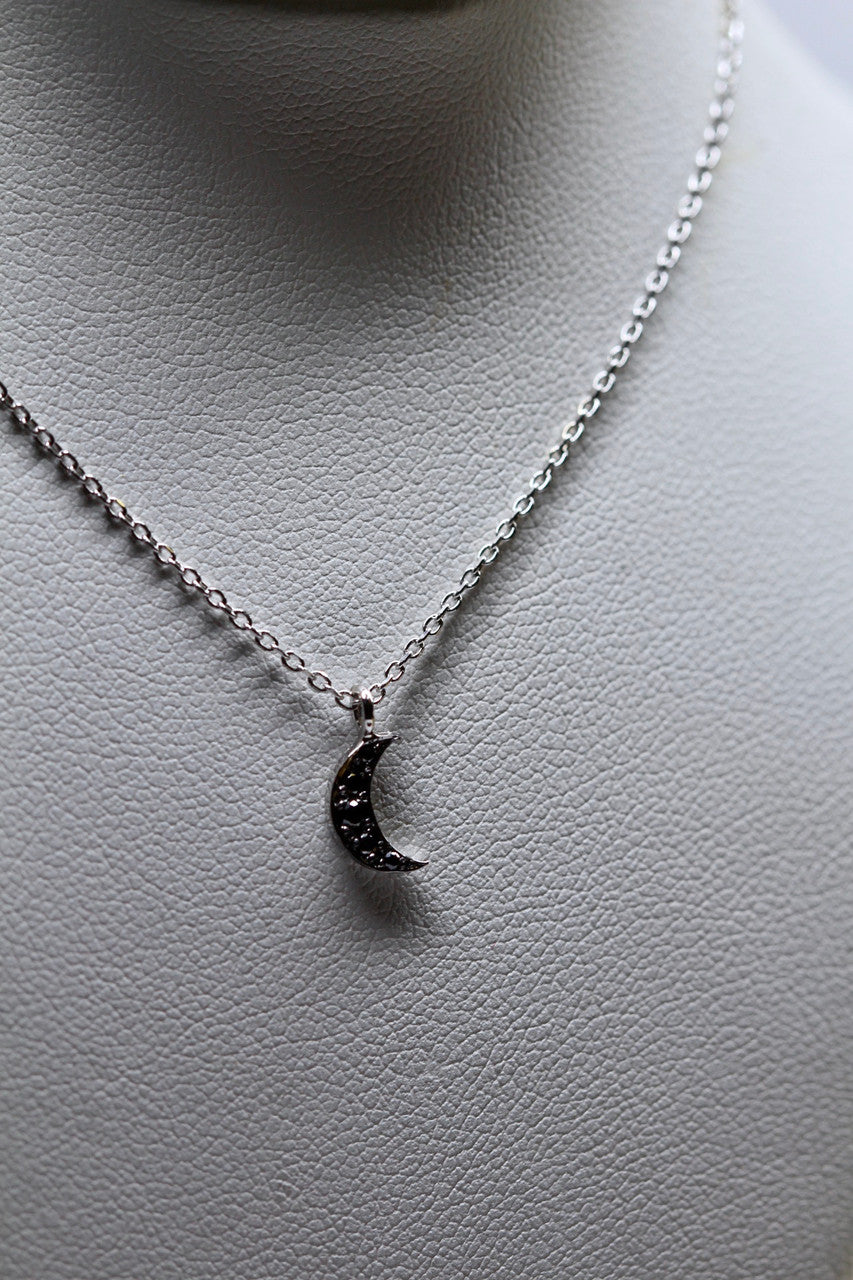 Black Diamond Moon Necklace, 14K White Gold Diamond Moon, 14K White Gold Black Diamond Moon Pendant Hand Made, Diamond Moon