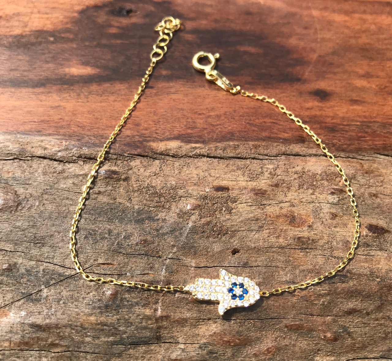 14K Yellow Gold Diamond Hamsa Charm Bracelet, Hamsa Charm Bracelet, Diamond Hamsa Bracelet, Hand Made CZ Gold Hamsa Charm Bracelet