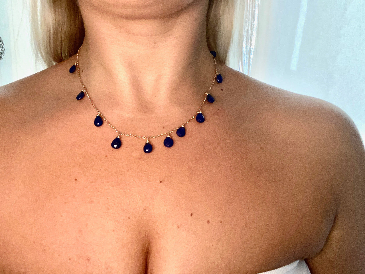 Exquisite 14K Yellow Gold Lapis Lazuli Necklace, Lapis Lazuli Drop Necklace, Lapis Lazuli Statement Necklace