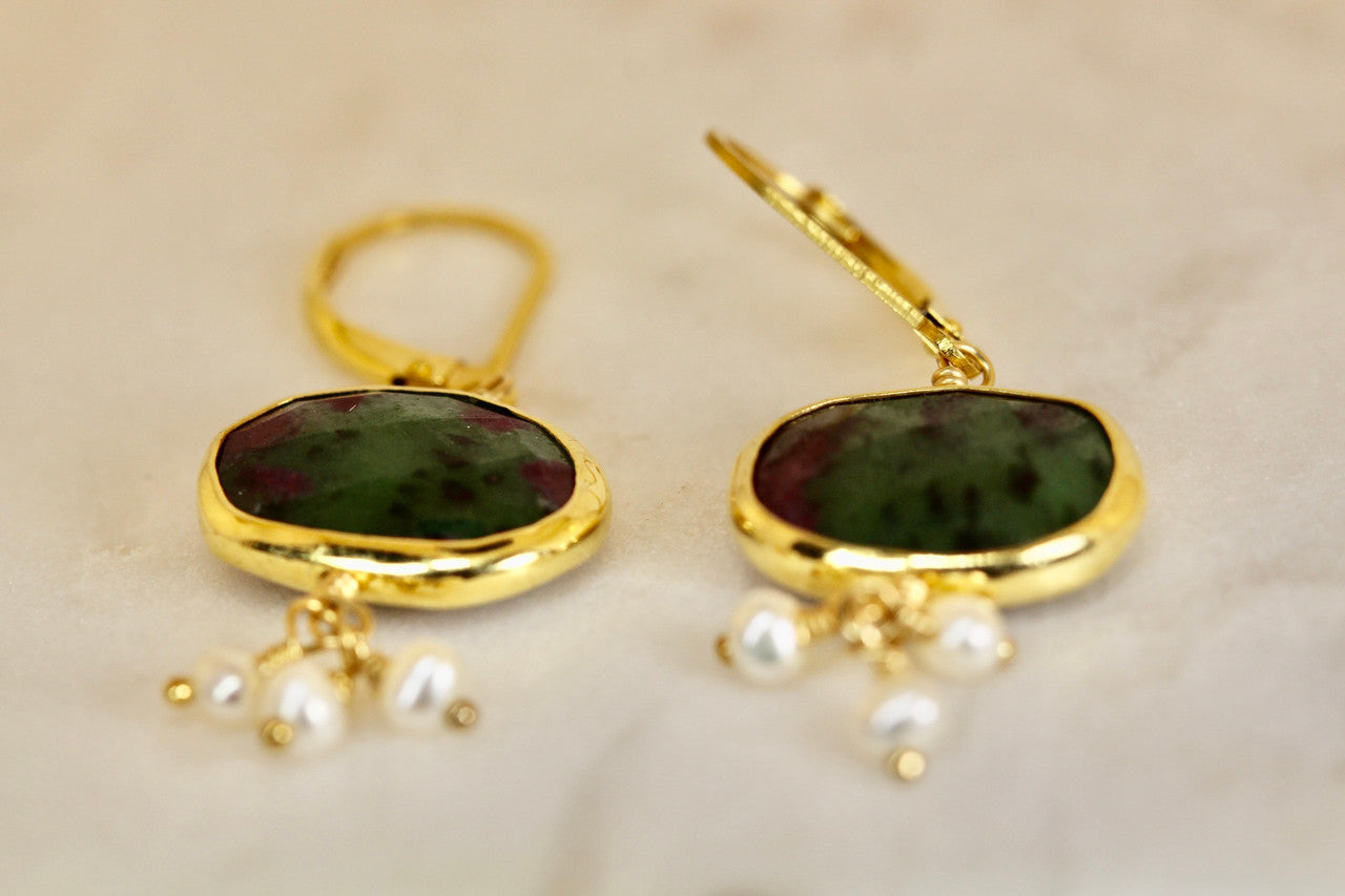 Exquisite 14k Yellow gold-filled bezel set Ruby-Zoisite drop earrings with  AAA quality fresh water pearl clusters  all hand wire wire wrapped.
 