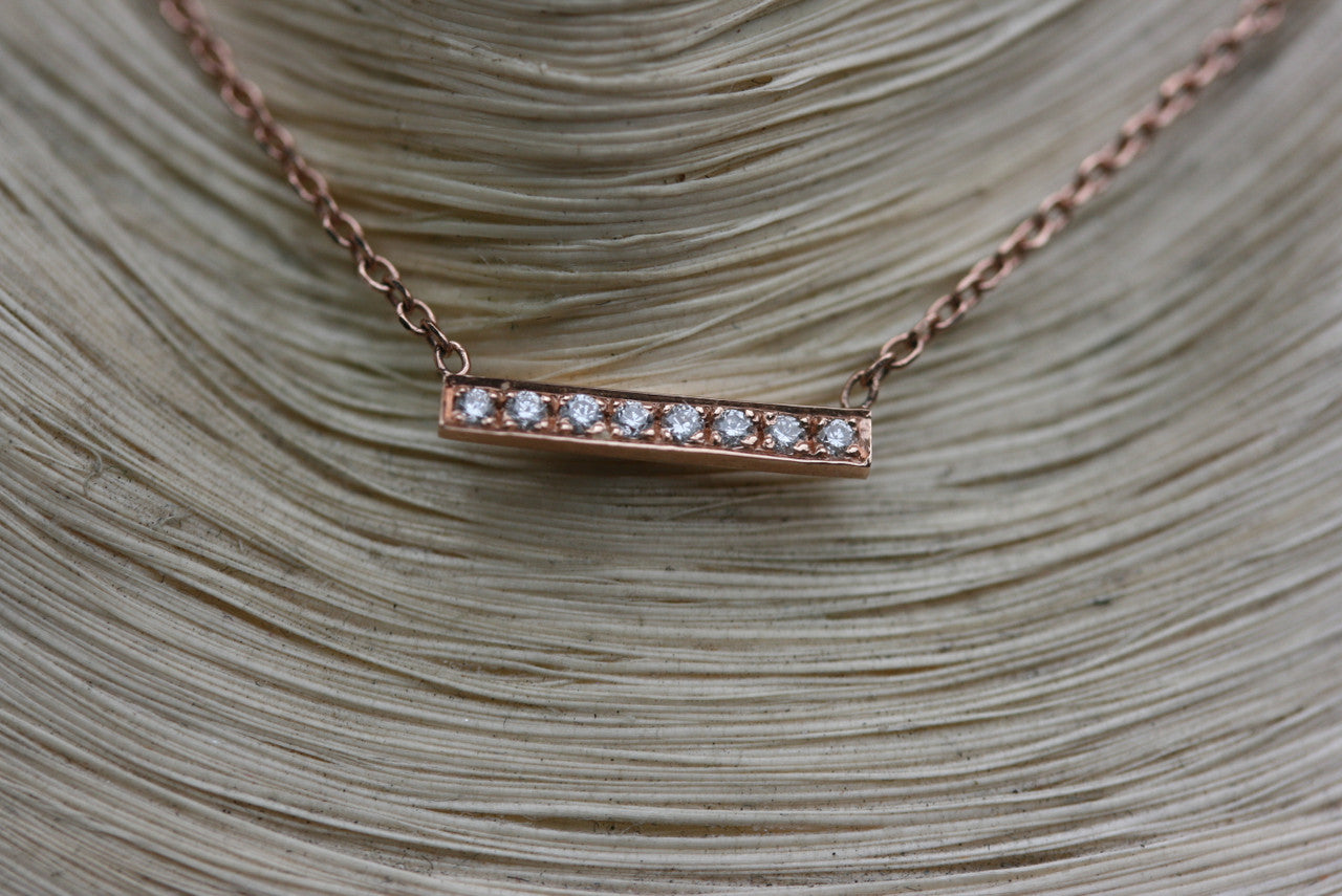 14K Rose Gold Short Micro Pave Diamond Bar Necklace, 14K Gold Diamond Necklace, Small Bar Necklace, Layering Necklace Hand Made Rose Gold