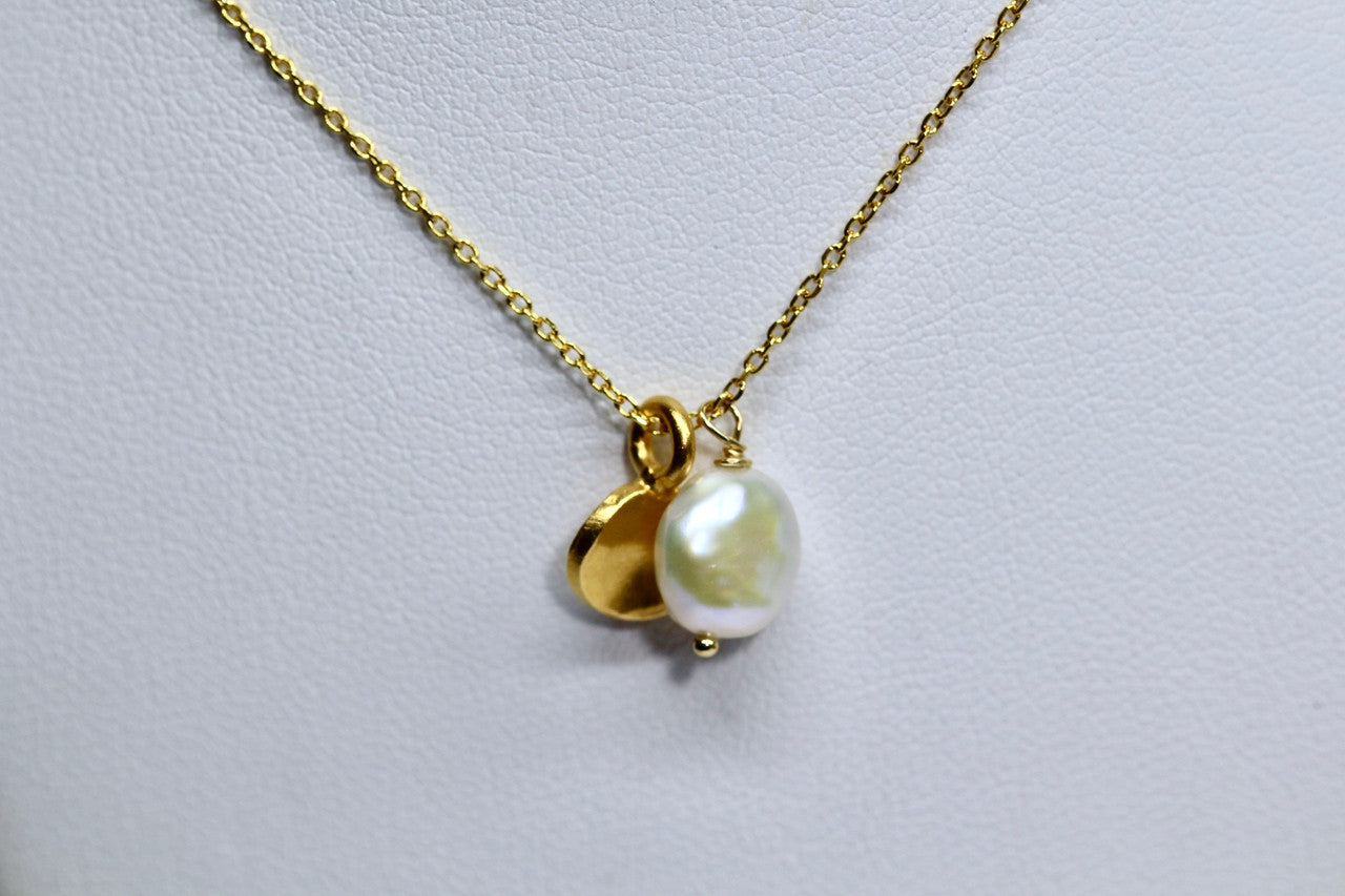 14K Yellow Gold Pearl Hammered Disc Pendant