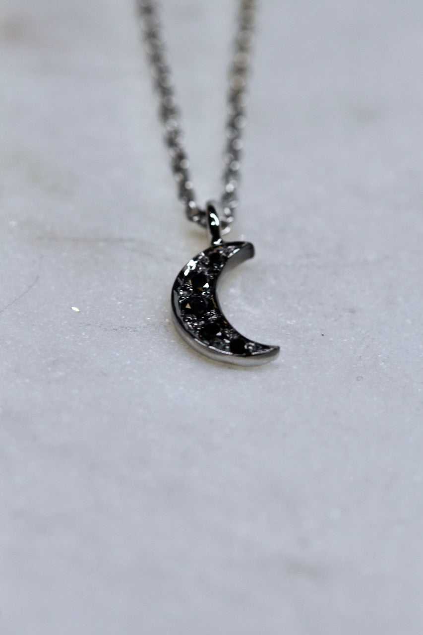 14K White Gold Black Diamond Moon Necklace