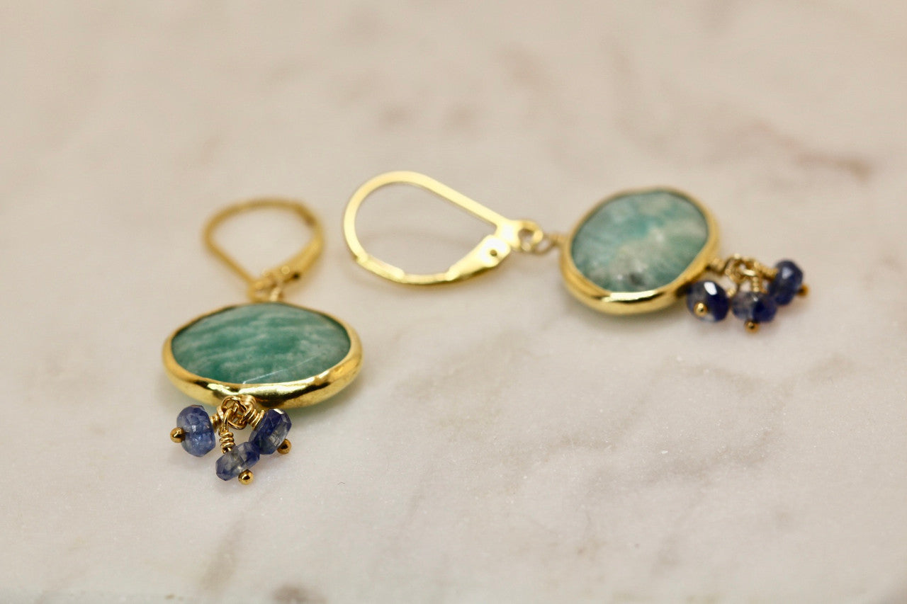 Unique Gold Amazonite Blue Sapphire Earring, Exquisite Gemstone Cluster Earring, Gem Drop Earring, Amazonite  Drop Earring Hand Made!