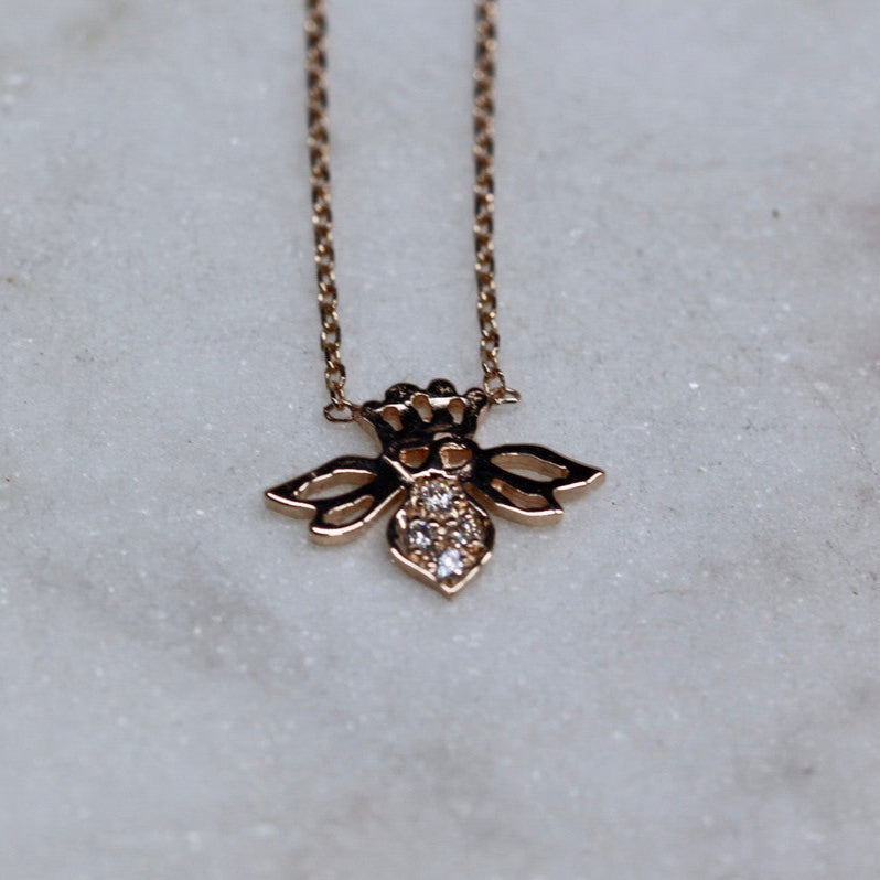 14K Rose Gold Diamond Bee Necklace