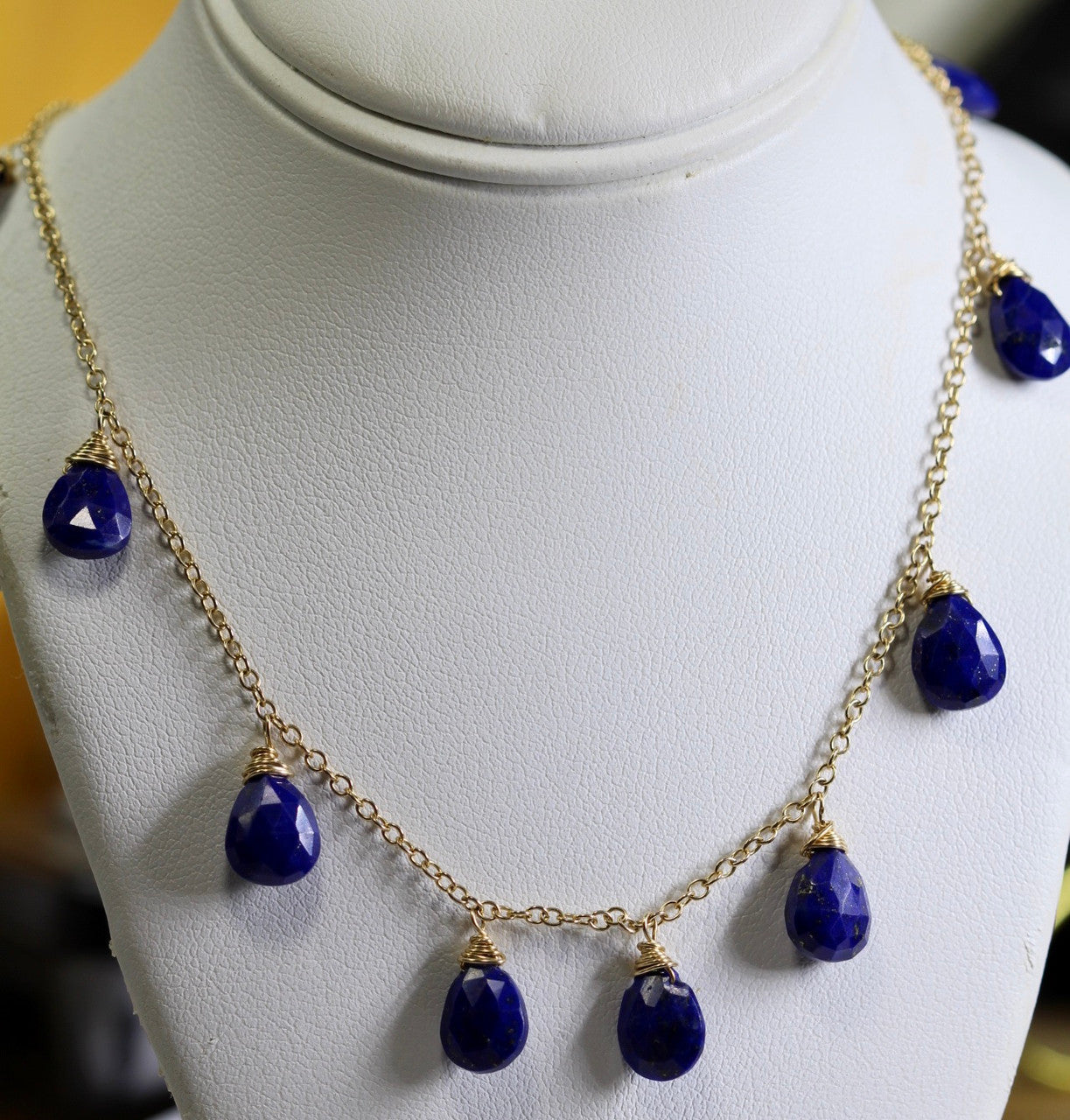 14K Yellow Gold Lapis Lazuli Necklace, Lapis Lazuli Drop Necklace, Lapis Lazuli Statement Necklace