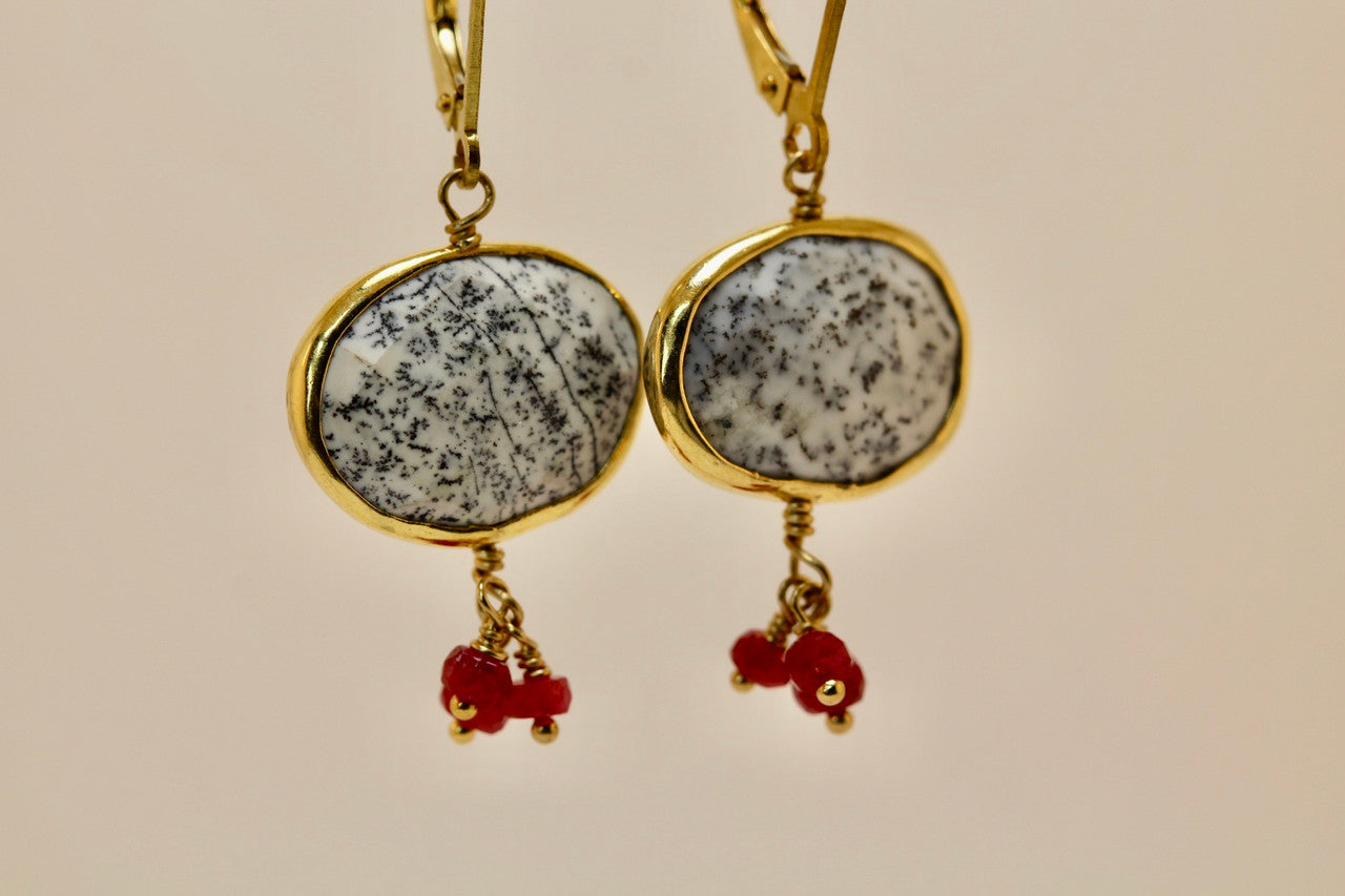 Very Unique Dendritic Opal & Ruby Drop Earrings, 14K Yellow Gold Gemstone Drop Earring Hand Made, Exquisite Ruby Cluster Earring, Gift For Her, Gold Earring