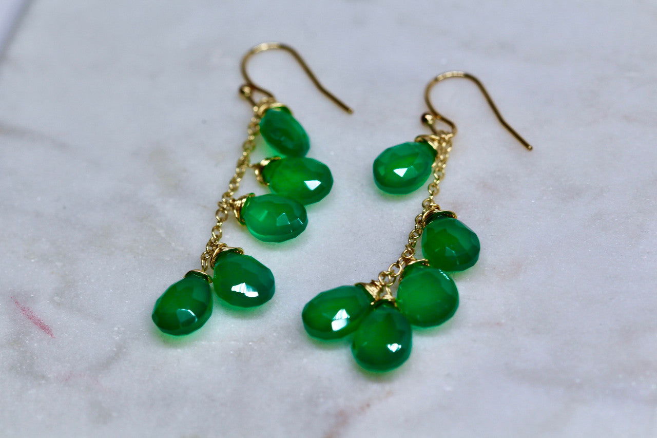 14K Handmade Yellow Gold Green Onyx Earring