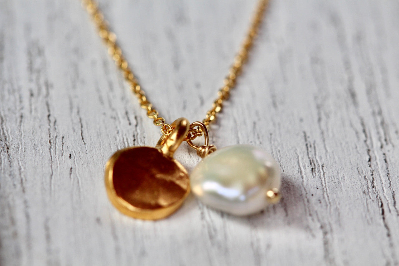 Exquisite 14K Yellow Gold Pearl Drop Hammered Charm Necklace, Unique Pearl Drop Necklace