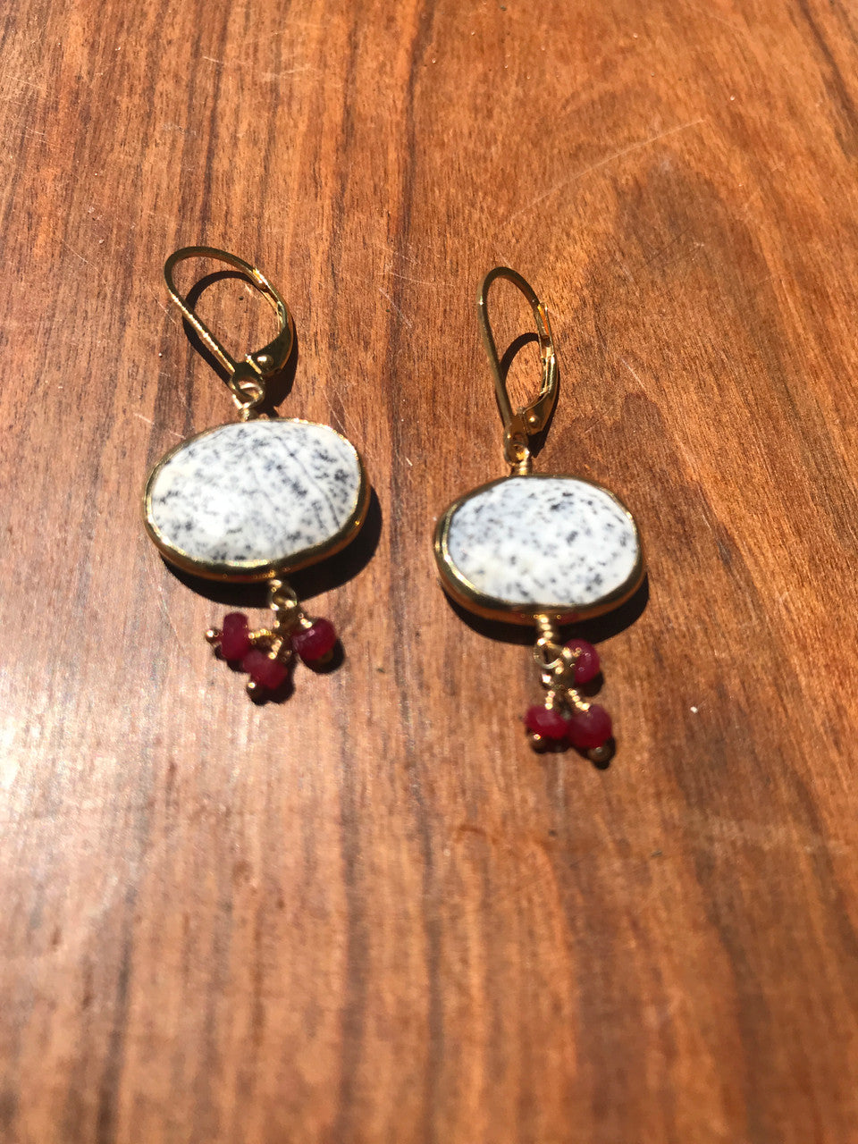 Dendritic Opal & Ruby Drop Earrings, 14K Yellow Gold Gemstone Drop Earring Hand Made, Ruby Cluster Earring, Gift For Her, Gold Earring