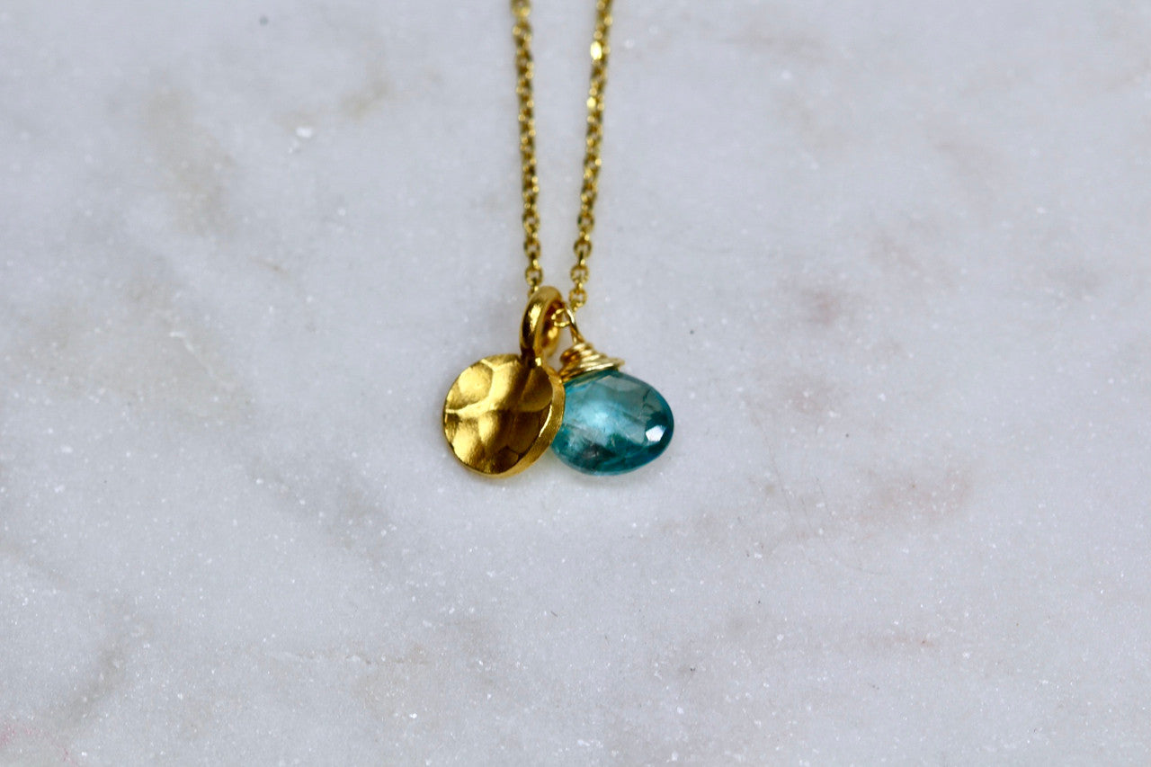 14K Yellow Gold Hammered Disc Aquamarine Pendant