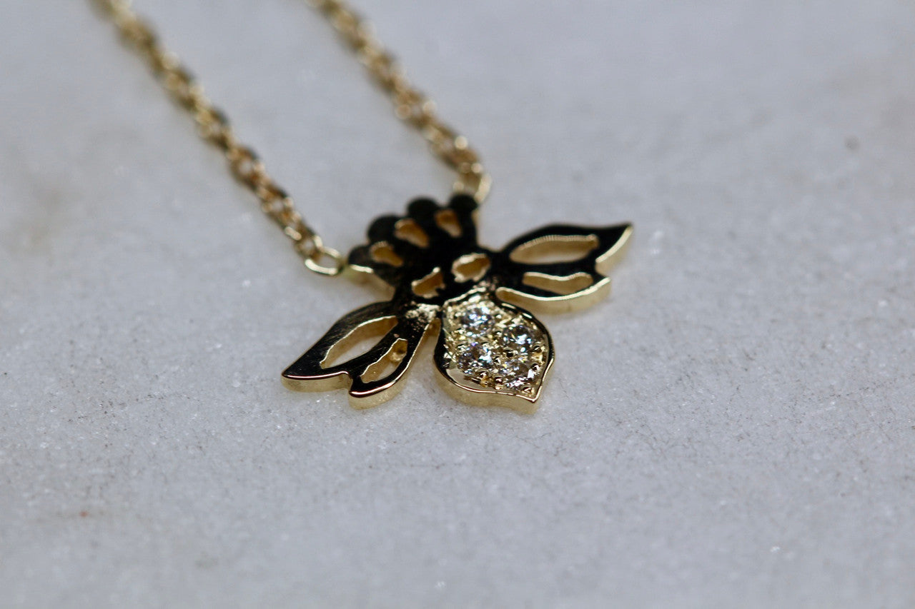 14K Yellow Gold Diamond Bee Necklace