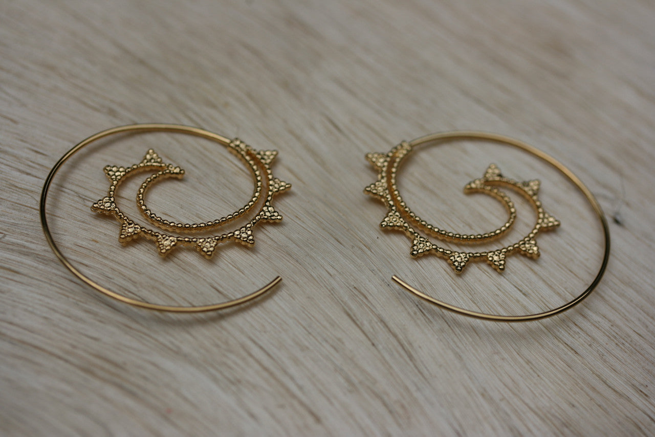 14K Yellow Gold Tibetan Hoop Earring, Spiral Gold Hoop Earring, Tribal Gold Earring, Yellow Gold Designer Hoop Earring, Gift For Her