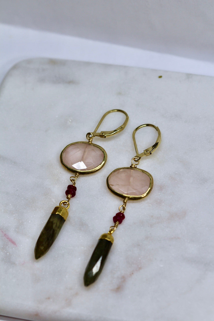 Handmade 14K Yellow Gold Ruby Rose Quartz Labradorite Earring