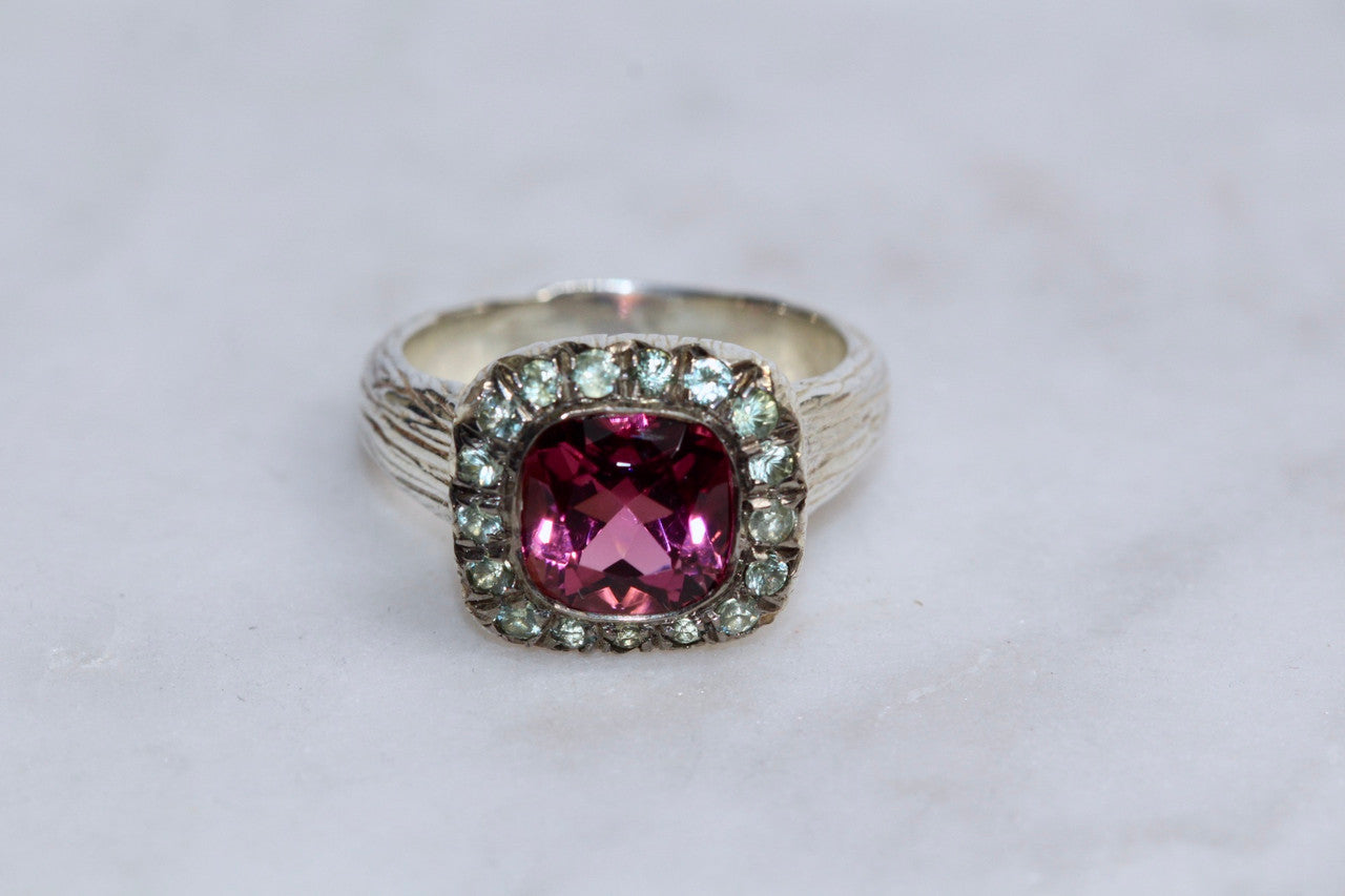 925 Sterling Silver Pink Tourmaline and Green Sapphire Cocktail Ring, Handmade Sterling Silver Cocktail Ring, Unique Pink Tourmaline Ring