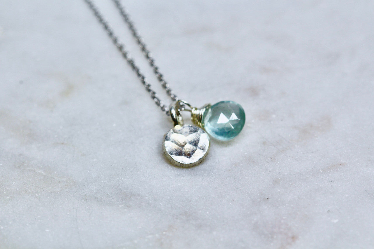 Sterling Silver Hammered Disc Aquamarine Pendant