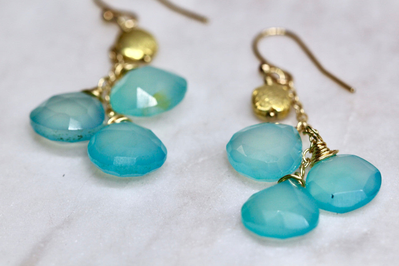 14K Yellow Gold Aqua Chalcedony Earring