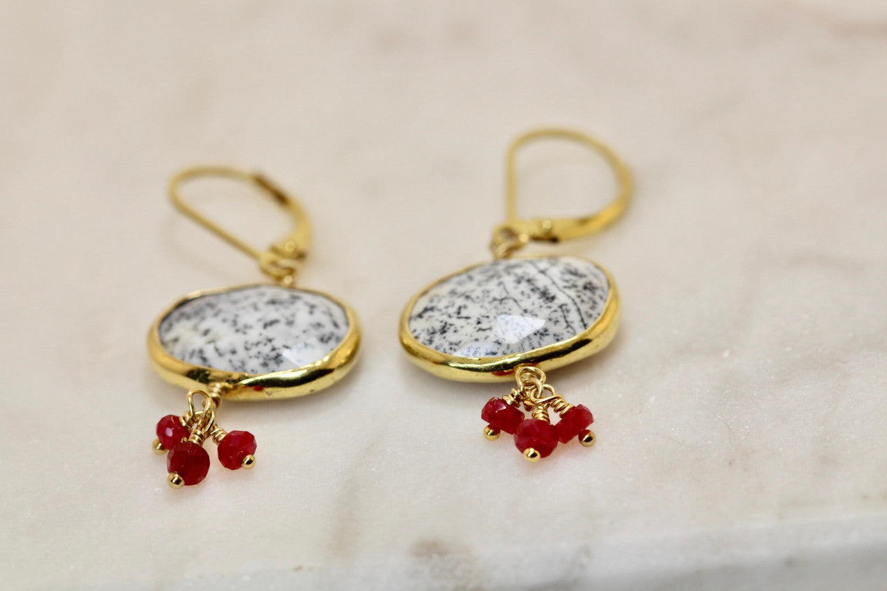 Very Unique Dendritic Opal & Ruby Drop Earrings, 14K Yellow Gold Gemstone Drop Earring Hand Made, Exquisite Ruby Cluster Earring, Gift For Her, Gold Earring