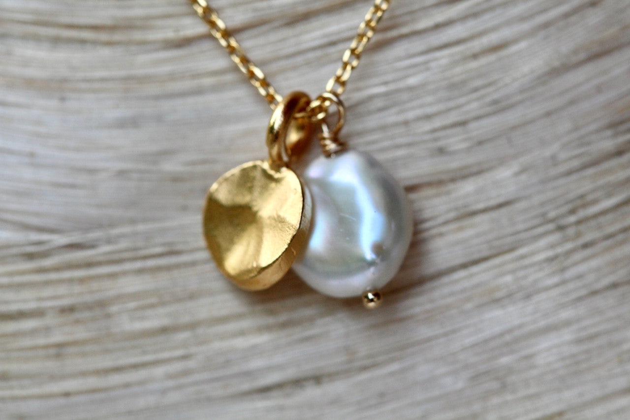 Exquisite 14K Yellow Gold Pearl Drop Hammered Charm Necklace, Unique Pearl Drop Necklace