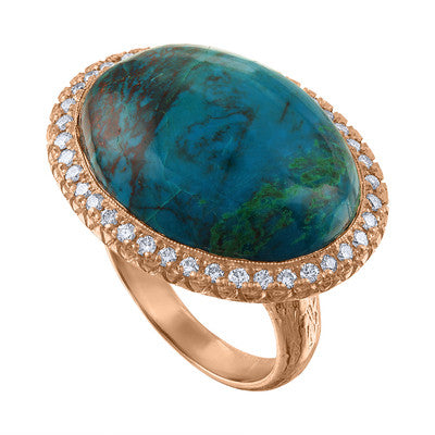 14K Rose Gold Exquisite Diamond And Chrysocolla Cocktail Ring, One Of A Kind Rose Gold Statement Ring