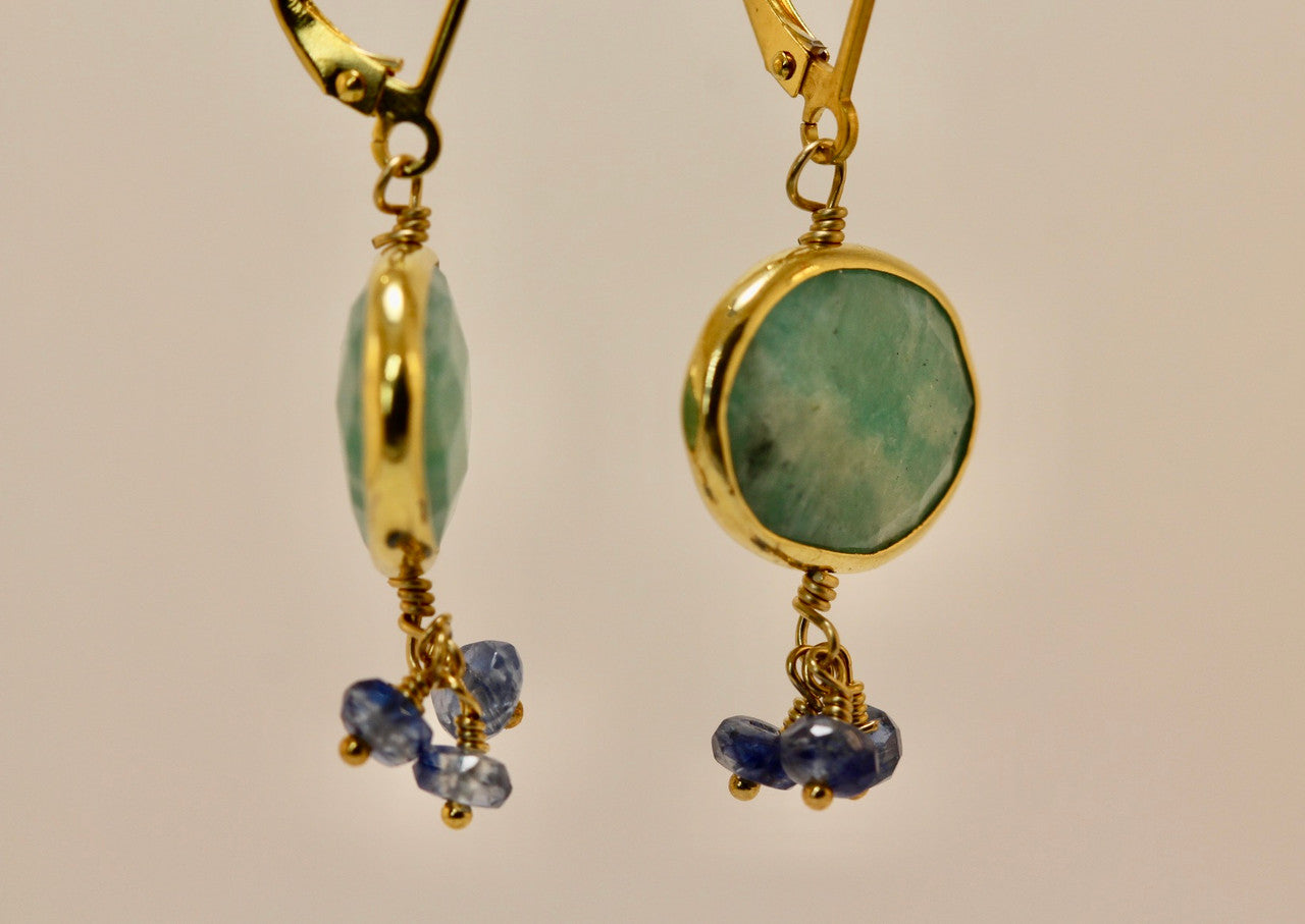 Unique Gold Amazonite Blue Sapphire Earring, Exquisite Gemstone Cluster Earring, Gem Drop Earring, Amazonite  Drop Earring Hand Made!