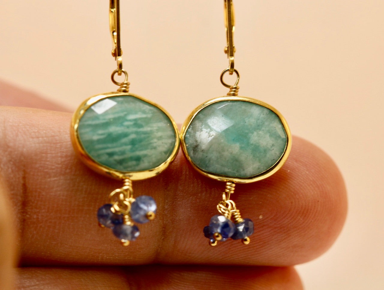 Exquisite Gold Amazonite Blue Sapphire Earring, Unique  Gemstone Cluster Earring, Gem Drop Earring, Amazonite  Drop Earring Hand Made!