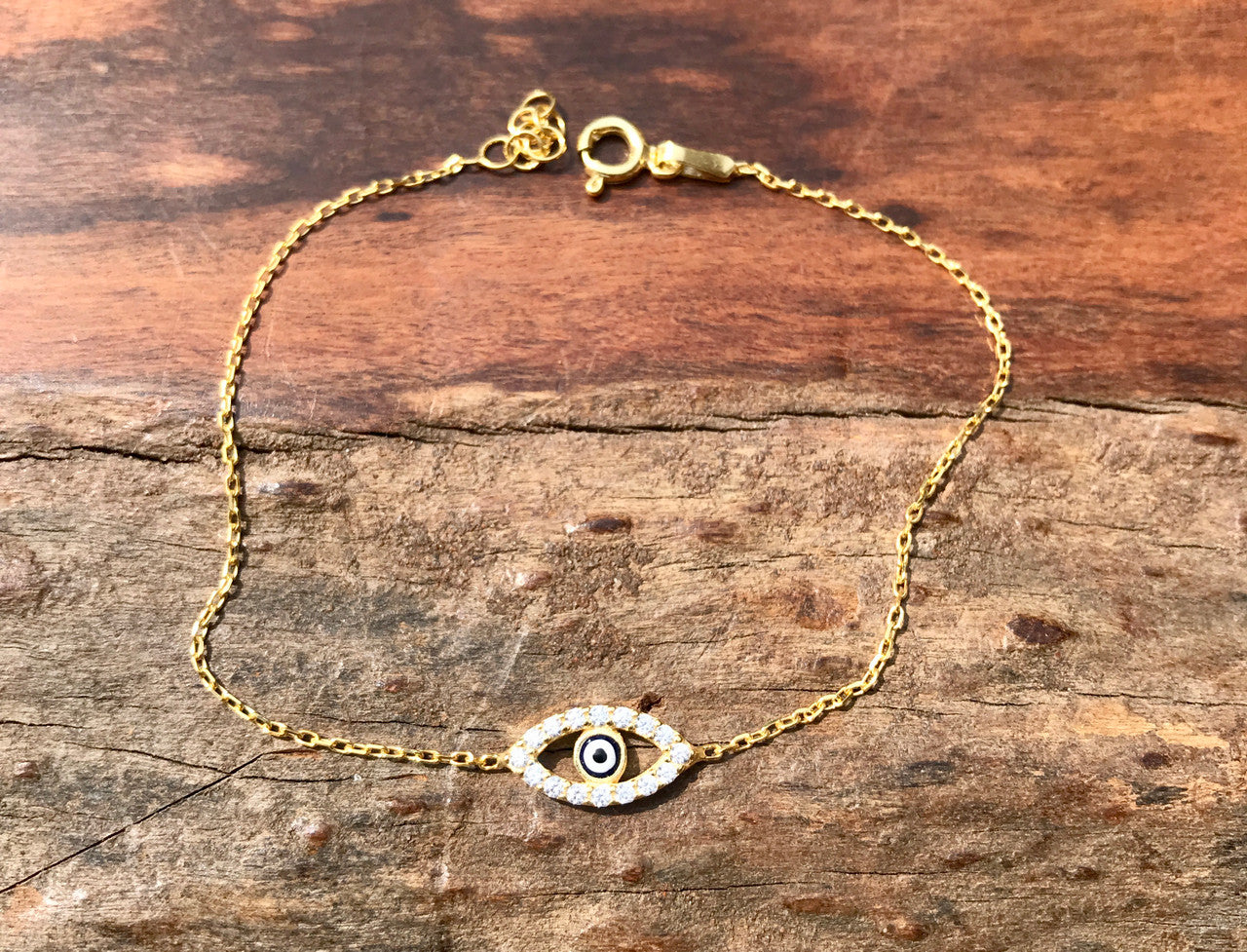 14K Yellow Gold Unique Evil Eye Bracelet, Hand Crafted CZ Evil Eye Damond Bracelets, Exquisite Yellow Gold Protection Bracelet