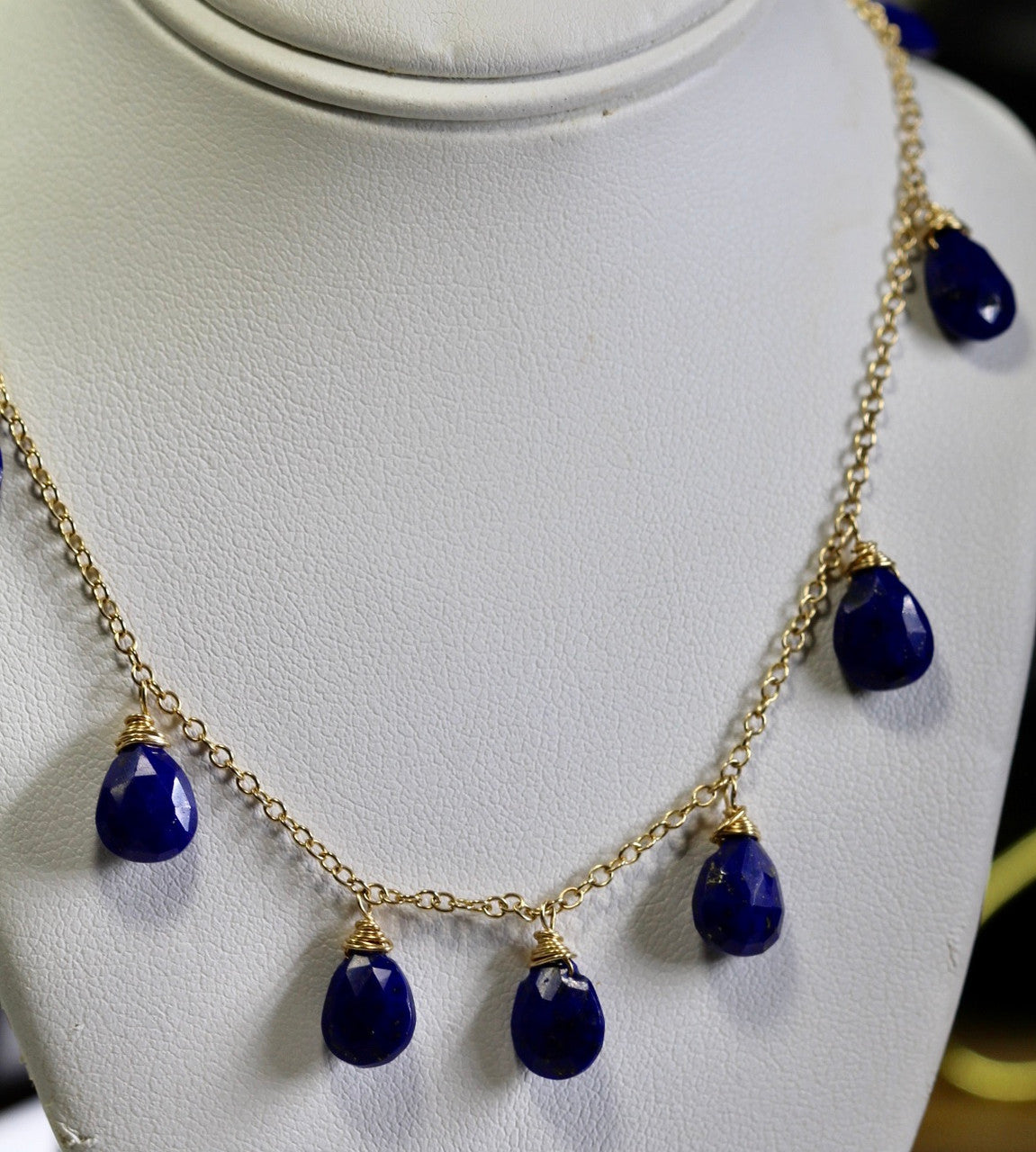 14K Yellow Gold Lapis Lazuli Necklace, Lapis Lazuli Drop Necklace, Lapis Lazuli Statement Necklace