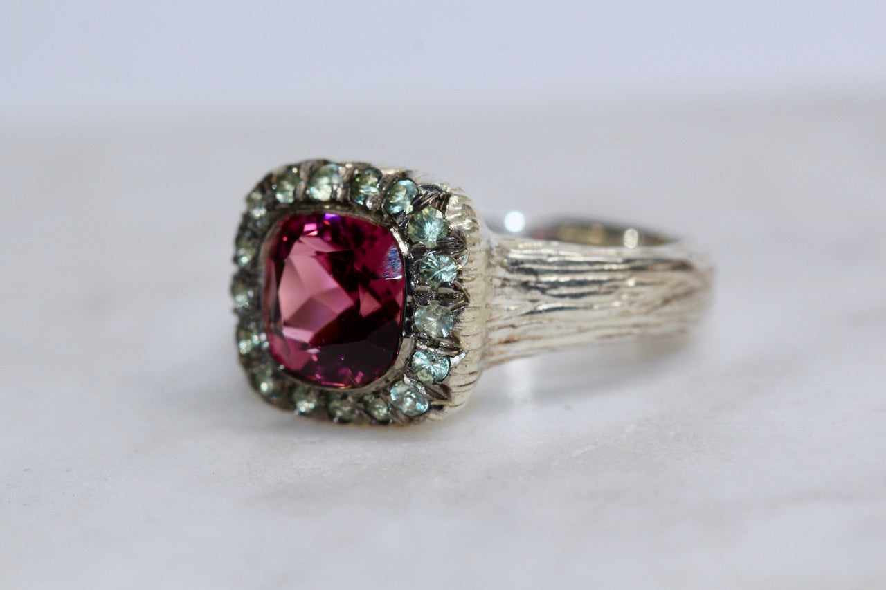 Unique Sterling Silver Pink Cushion Cut Pink Tourmaline Green Sapphire Ring