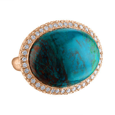 14K Rose Gold Exquisite Diamond And Chrysocolla Cocktail Ring, One Of A Kind Rose Gold Statement Ring