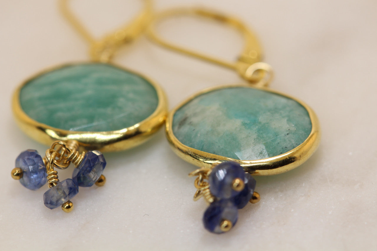 Unique Gold Amazonite Blue Sapphire Earring, Exquisite Gemstone Cluster Earring, Gem Drop Earring, Amazonite  Drop Earring Hand Made!