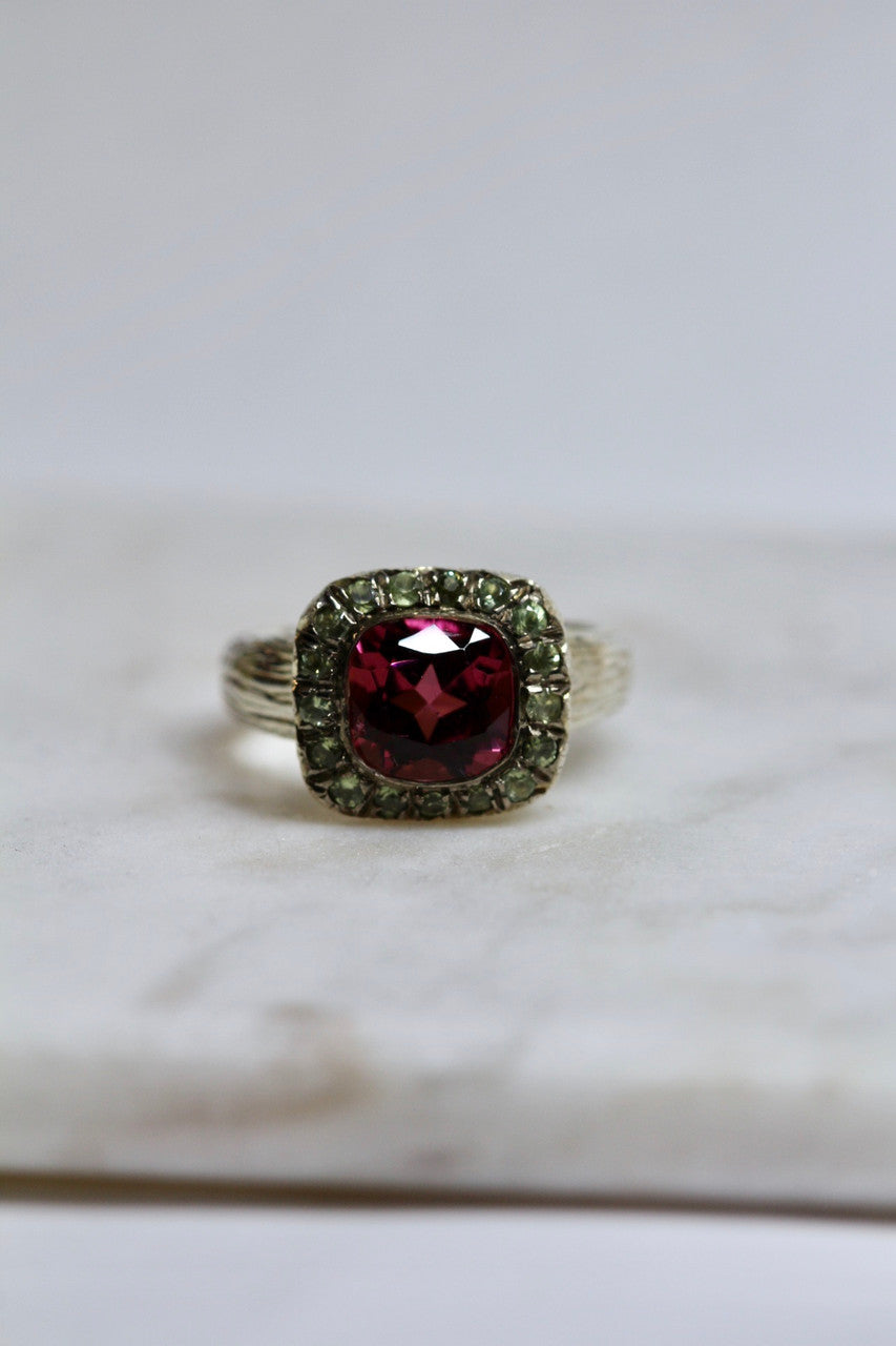 Sterling Silver Handmade Pink Tourmaline Green Sapphire Ring