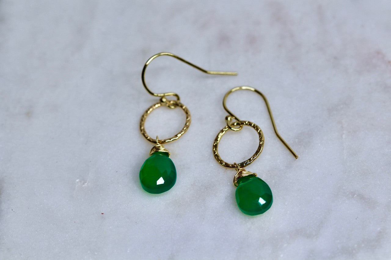 14K Yellow Gold Green Gemstone Earring