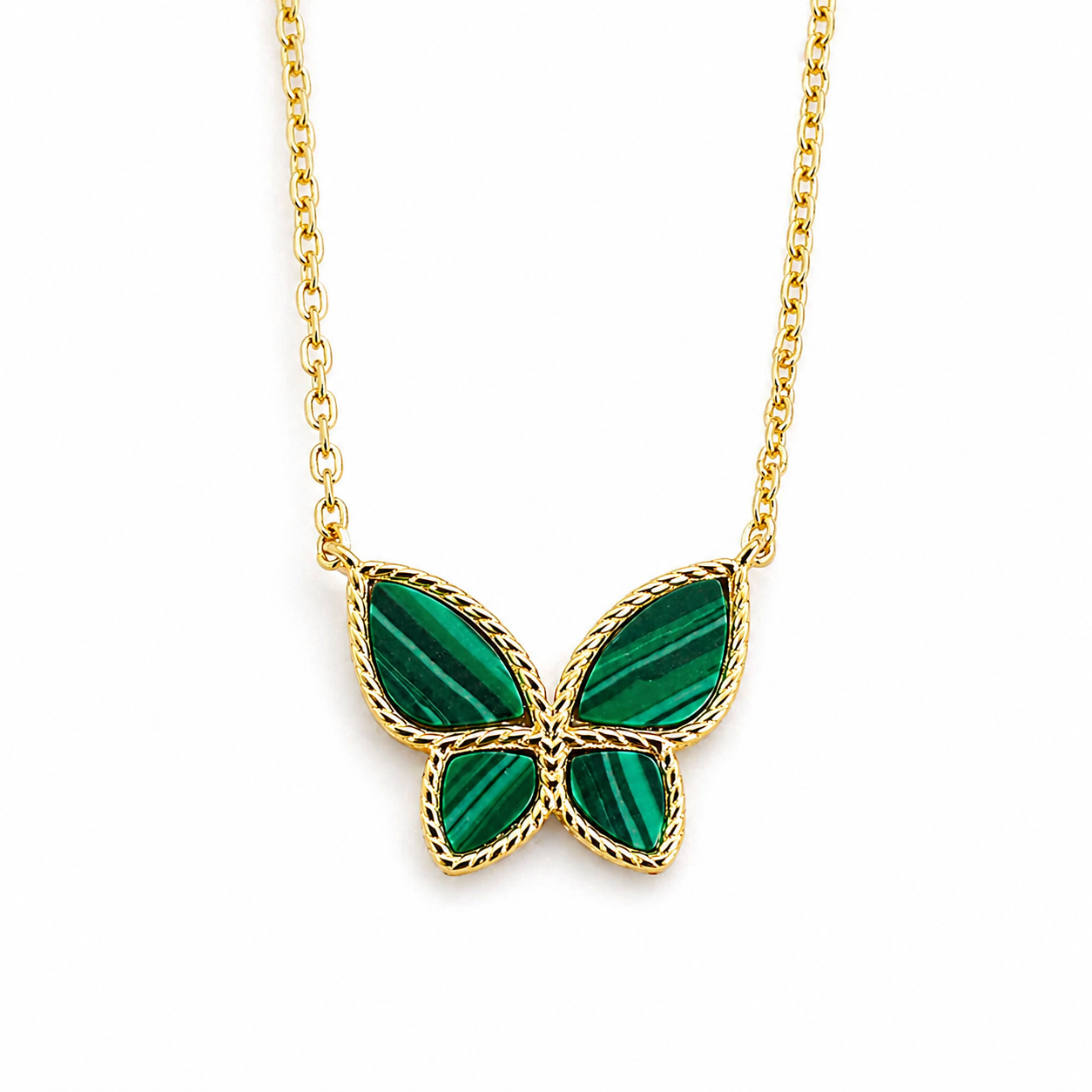 Stunning 14K Gold Malachite Butterfly Necklace with Millgrain Detail, Adjustable Chain 16-18 Inch