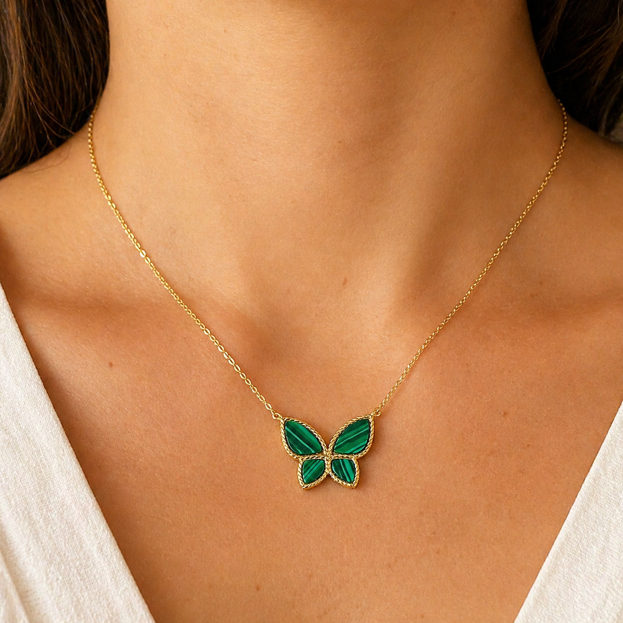 Stunning 14K Gold Malachite Butterfly Necklace with Millgrain Detail, Adjustable Chain 16-18 Inch