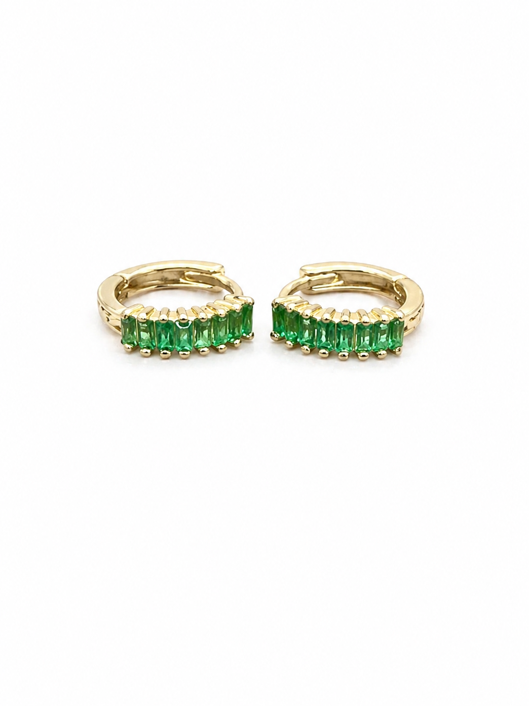 14K Yellow Gold Emerald Green Baguette Huggie Hoop Earrings – Small Gold Hoops for Women