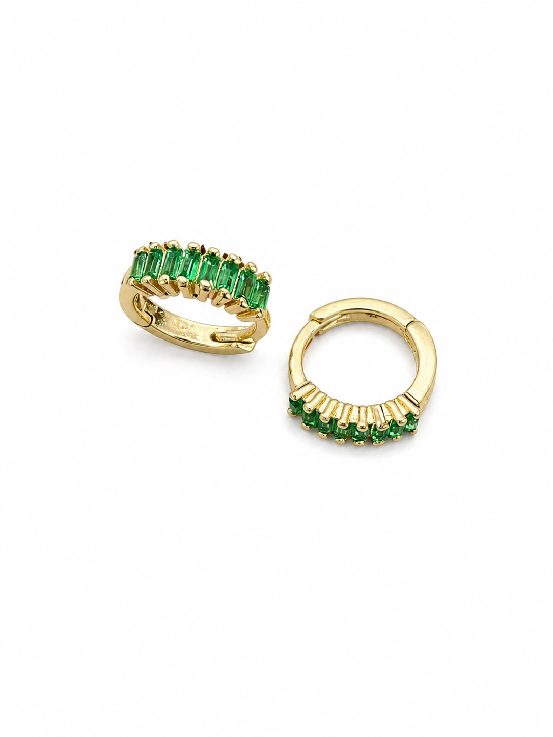 14K Yellow Gold Emerald Green Baguette Huggie Hoop Earrings – Small Gold Hoops for Women