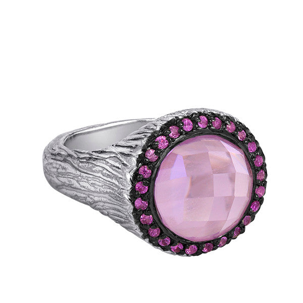 Rose Quartz Sterling Silver With Pink Sapphires, Hand Made Gemstone Ring , Cocktail Ring, Rose Quartz Engagement Ring