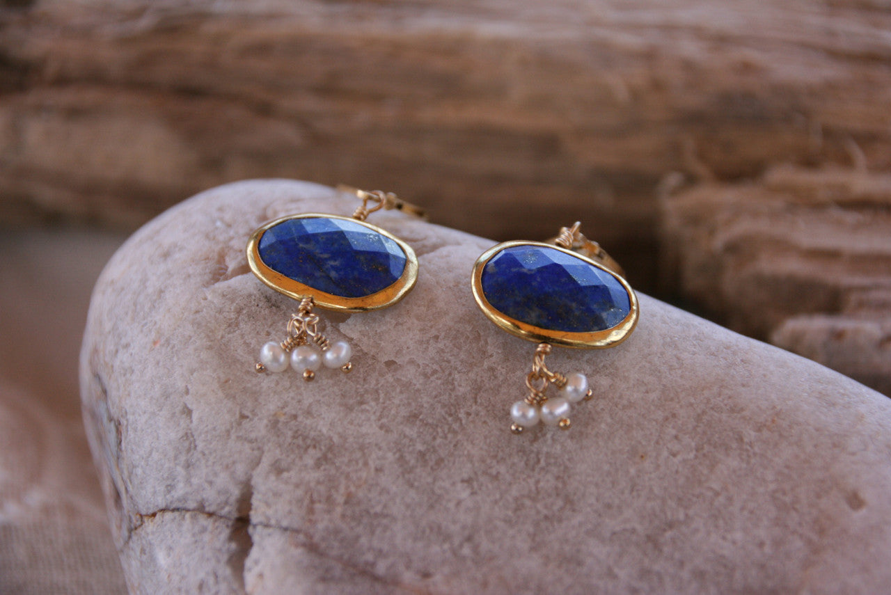 14K Yellow Gold Lapis Lazuli Pearl Cluster Drop Earrings< Gemstone Drop Earring, Lapis Lazuli Earring, Pearl & Lapis Lazuli Earring