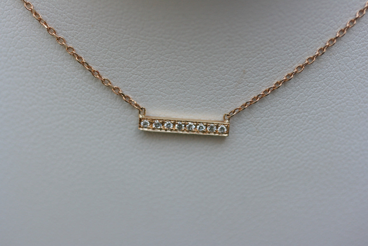 14K Rose Gold Short Micro Pave Diamond Bar Necklace, 14K Gold Diamond Necklace, Small Bar Necklace, Layering Necklace Hand Made Rose Gold