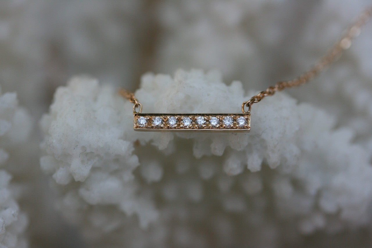 14K Rose Gold Short Micro Pave Diamond Bar Necklace, 14K Gold Diamond Necklace, Small Bar Necklace, Layering Necklace Hand Made Rose Gold