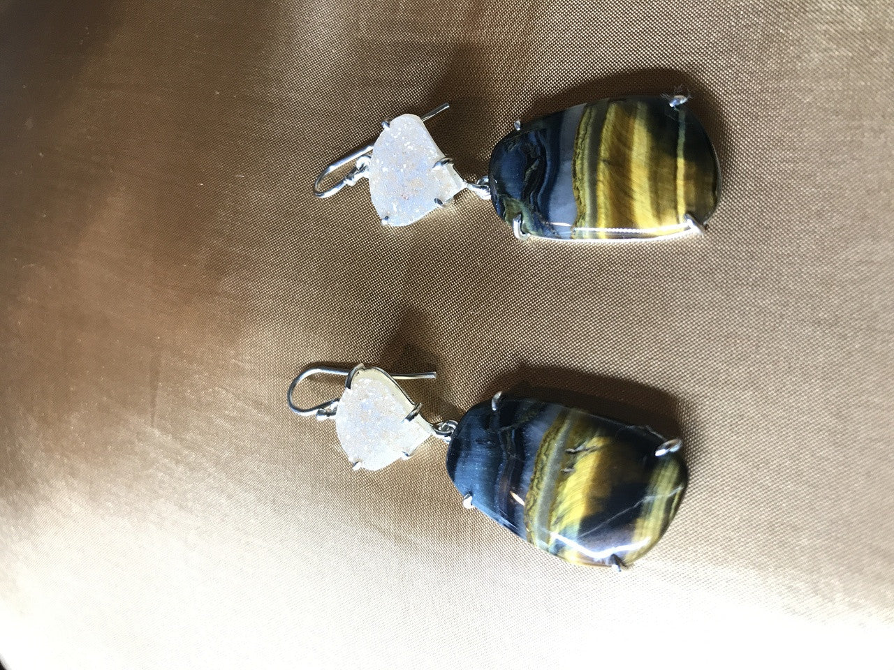 Blue Tiger Eye Sterling Silver Drusy Quartz Drop Earrings,  Statement Earring, Tigereye Gemstone Hand Made