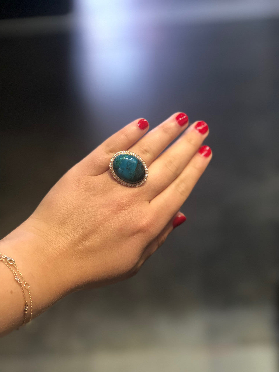 14K Rose Gold Exquisite Diamond And Chrysocolla Cocktail Ring, One Of A Kind Rose Gold Statement Ring