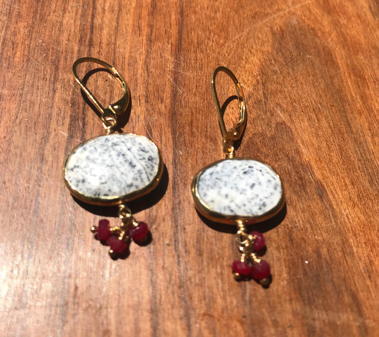 Dendritic Opal & Ruby Drop Earrings, 14K Yellow Gold Gemstone Drop Earring Hand Made, Ruby Cluster Earring, Gift For Her, Gold Earring