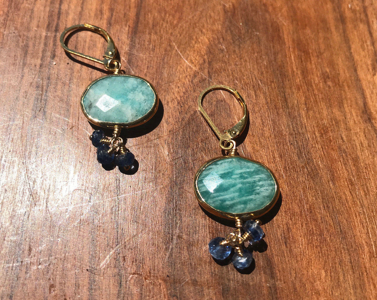 14K  Yellow Gold Amazonite Blue Sapphire Earring, Gemstone Cluster Earring, Gem Drop Earring, Amazonite  Drop Earring Hand Made!