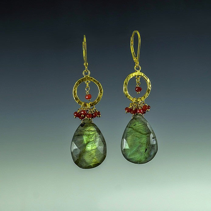 14K  gold labradorite ruby drop earrings