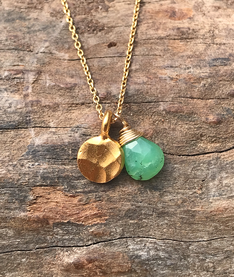 14K Yellow Gold Chrysoprase Semi Precious Gemstone Gold Hammered Charm Necklace, Gem Drop Necklace