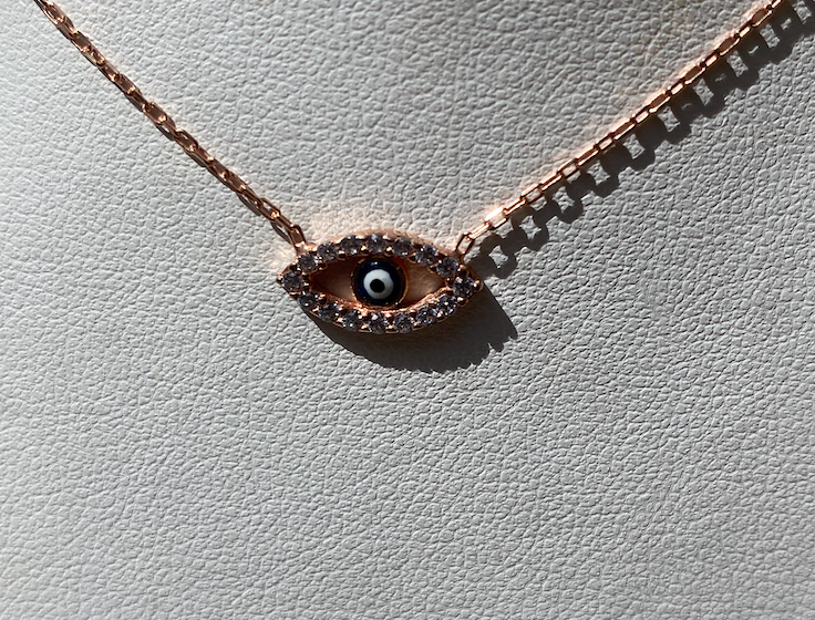 14K Rose Gold  Evil Eye Pave Necklace, Rose Gold  Evil Eye Pendant, Hand Made Layering Diamond Necklace, Diamond Evil Eye Necklace Hand Made