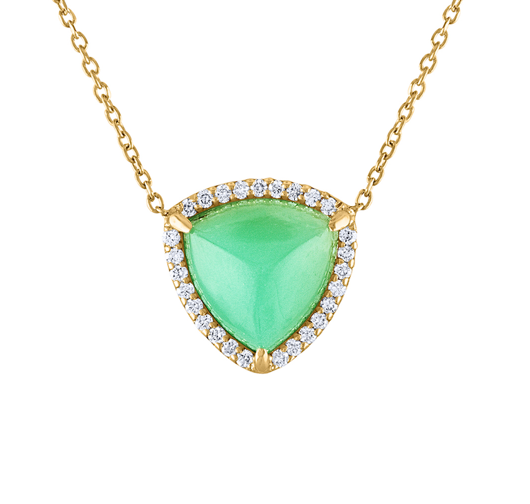 14K Yellow Gold Chrysoprase & Diamond Necklace, Statement Halo Diamond Pendant, Chrysoprase Necklace