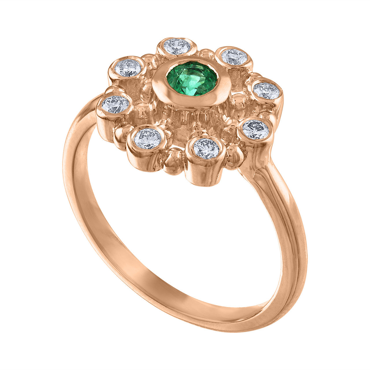 14K Rose Gold Emerald & Diamond Anniversary Ring, Vintage Style Rose Gold Emerald Cocktail Ring